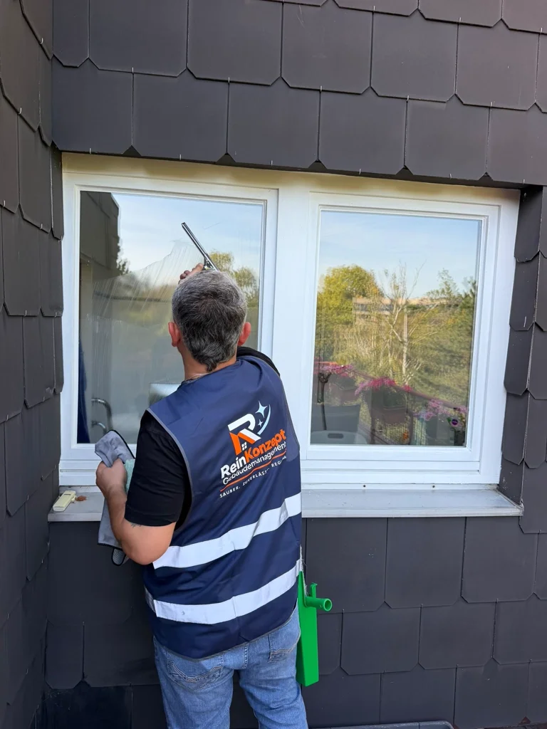 Ein Mitarbeiter reinigt die Außenseite eines Fensters mit einem Abzieher.